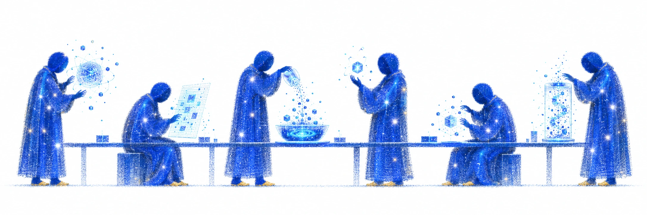 Illustration of six faceless blue particle researchers collaboratively shaping synthetic data at a shared bench